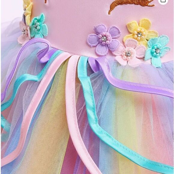 NEW! Little Girl Princess Unicorn Frilled Colorful Rainbow Mesh Hem Ball Gown - Picture 4 of 6